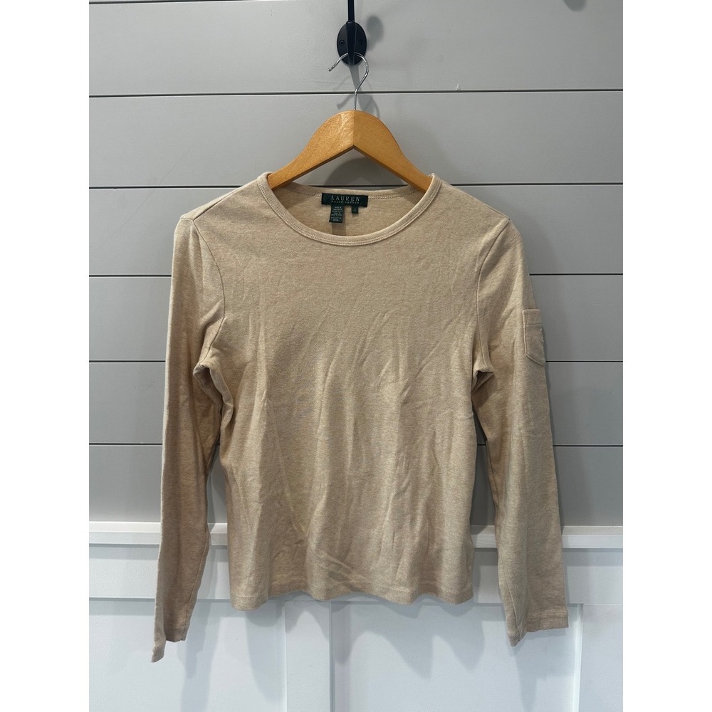 Lauren Ralph Lauren Womens Beige Cotton Rib Long Sleeve Top Sleeve Pocket Small
